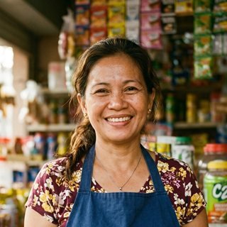 A smiling Filipina shop owner in her store