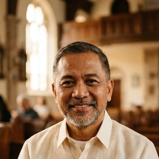 A smiling Filipino pastor in a barong inside his church