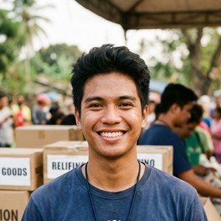 A smiling young Filipino volunteer at a community relief drive