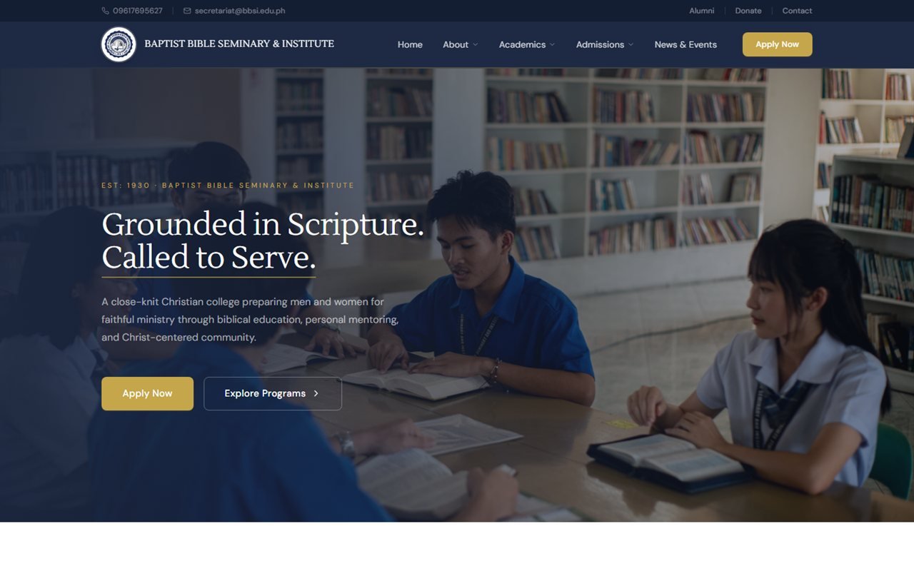 Screenshot of the Baptist Bible Seminary and Institute homepage