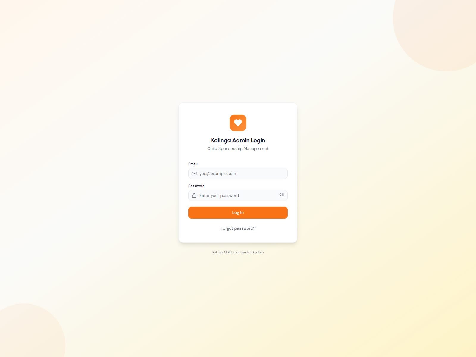 Kalinga admin login screen for Kapatid Ministry's child sponsorship platform